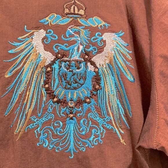 APRICOTTREE Men long sleeve shirt gorgeous blue and gold embroidery stretchy L - Picture 2 of 9